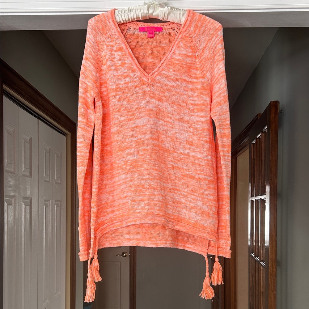 Lilly Pulitzer Cotton Blend V Neck Sweater Tassel Accents Orange White Size S